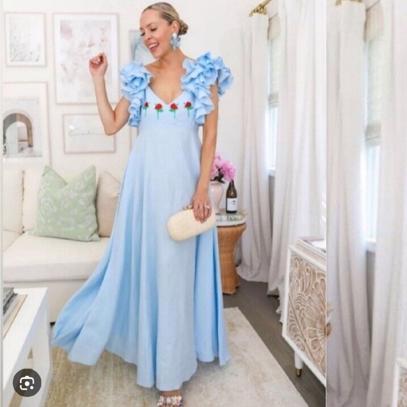 🌹FANM MON🌹Light Lagoon Demre Linen Embroidered Maxi Dress Ruffle Sleeve - Picture 3 of 10